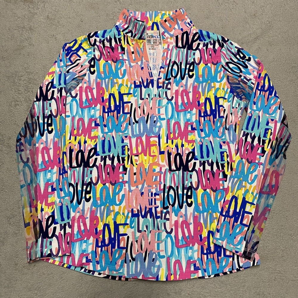 Ibkul 1/4 Zip Womens XS Love All Over Print Colorful Mesh Sleeve UPF 50+